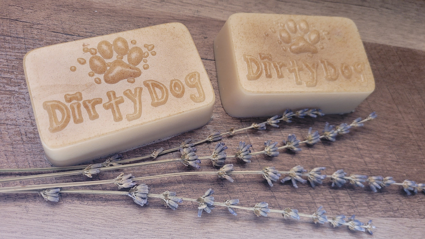 Dirty Dog Natural Lavender soap bar made with natural ingredients like lavender essential oil, castor oil, and oatmeal. Gently cleanses, soothes sensitive skin, and promotes a shiny, healthy coat.