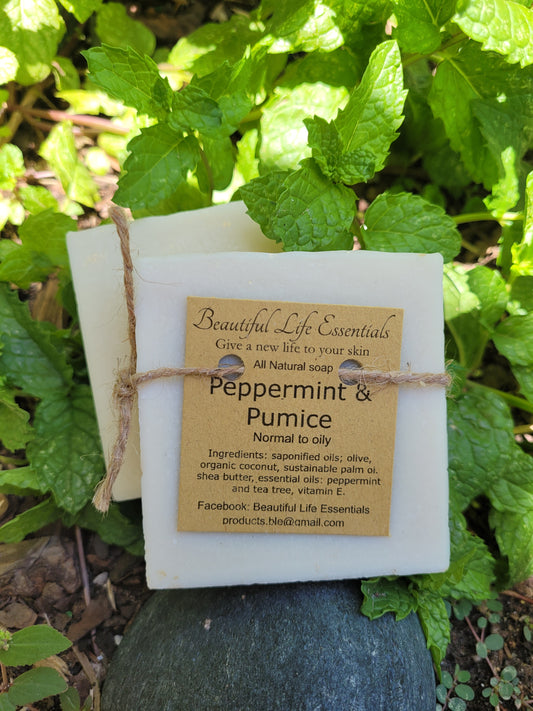 The  Peppermint and Pumice Bar will clean and purify your skin, while dissolving dirt and excess oil, leaving your skin clean, fresh and hydrated.